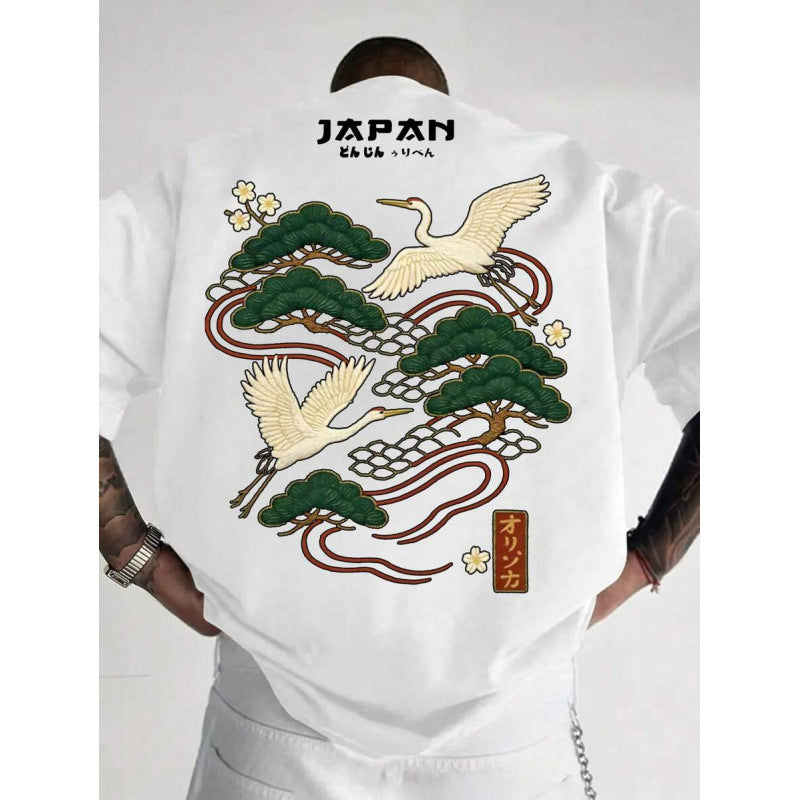 Men's Casual Versatile Simple Japanese Crane Print Top