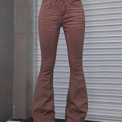 Women's Brown High Rise Flare Jeans, Washed Stretchy Bell Bottom Denim Pants