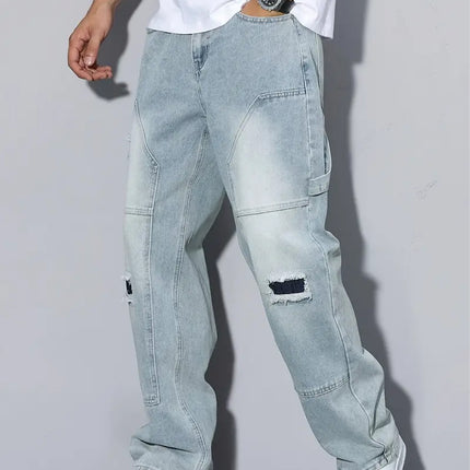 Men's Light Blue Ripped Jeans, Loose Straight Leg, All Season Wear