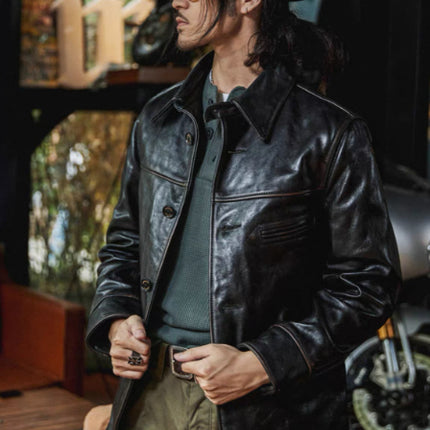 Mens Mid-Length Heavy-Duty Leather Jacket