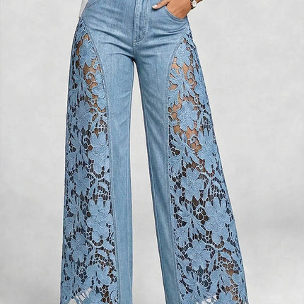High-waisted Wide-leg Pants Womens Lace-panelled Jeans