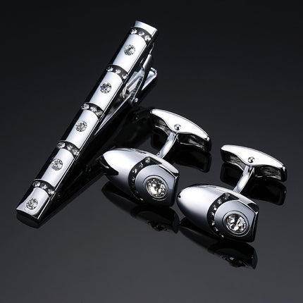 Gold And Silver Black Crystal Rose Enamel Pattern Batch Flower Tie Clip Cuff Buckle Set