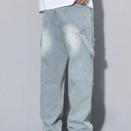 Men's Light Blue Ripped Jeans, Loose Straight Leg, All Season Wear