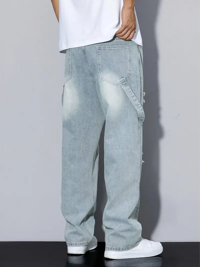Men's Light Blue Ripped Jeans, Loose Straight Leg, All Season Wear