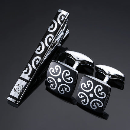 Gold And Silver Black Crystal Rose Enamel Pattern Batch Flower Tie Clip Cuff Buckle Set