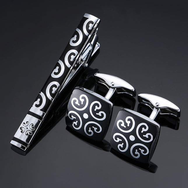Gold And Silver Black Crystal Rose Enamel Pattern Batch Flower Tie Clip Cuff Buckle Set