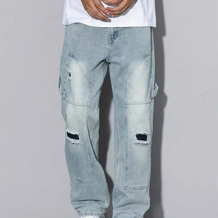 Men's Light Blue Ripped Jeans, Loose Straight Leg, All Season Wear