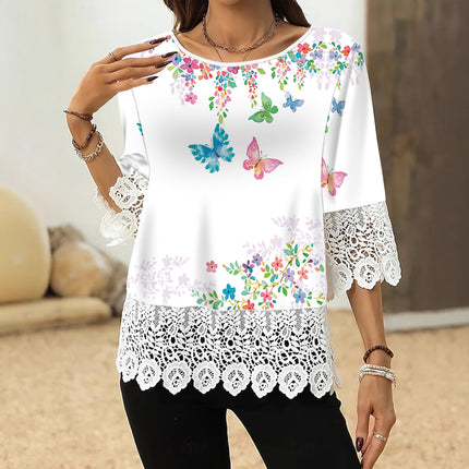 Lace-printed Three-quarter-sleeve T-shirt Top For Women