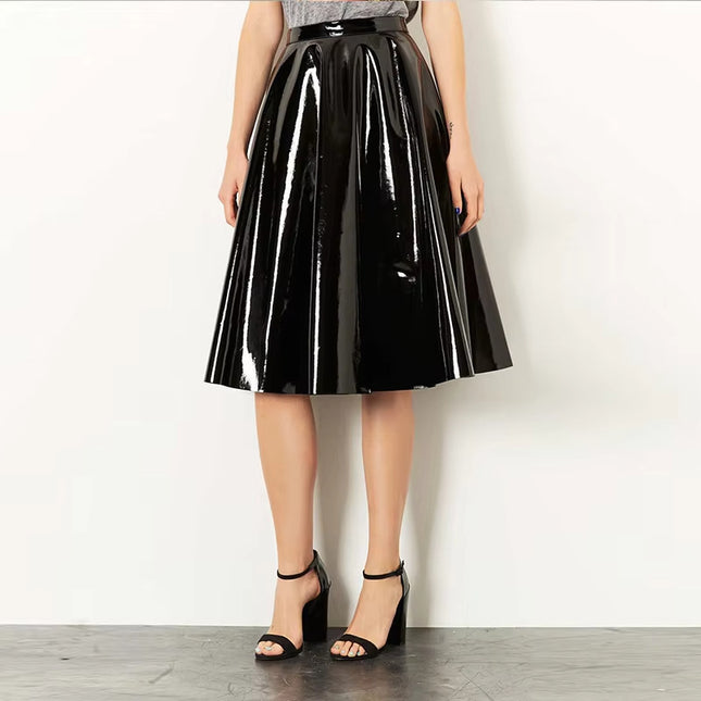 Mirror-finish PU Leather Pleated Skirt Sweet Style Mid-length Skirt