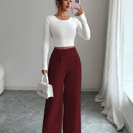 Womens Solid-color Casual All-match Long Pants With A Waist Panel Seam