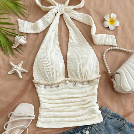 Women's Summer Fashion Beach Vacation Starfish Shell Ribbon Decorative Knitted Texture Fabric Halter Neck Strap Top