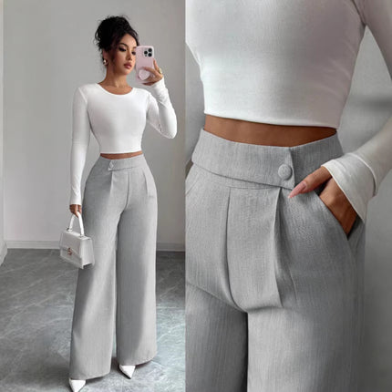 Womens Solid-color Casual All-match Long Pants With A Waist Panel Seam