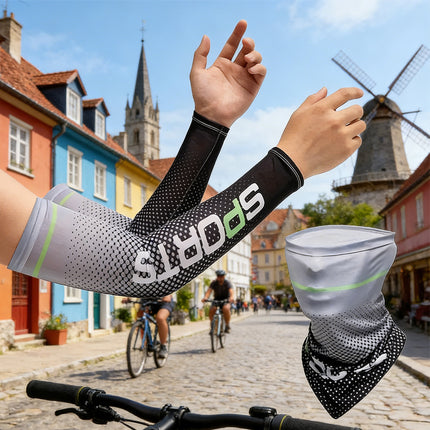 UV Resistant Ice Silk Cooling Set - 1 Pair Arm Sleeves 1 Face Mask Scarf,  Sun Protection For Running, Cycling, Outdoor Sports