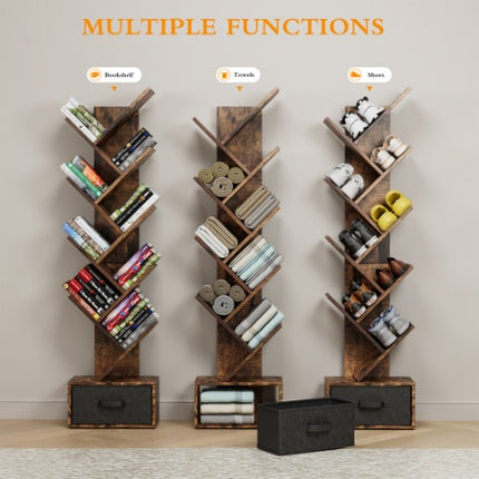 9 Tier Tree Bookshelf With Drawer Bookcase, Modern Book Storage, Free Standing Tree Bookcase, Utility Organizer Shelves For Home Office, Living Room, Bedroom, Rustic Brown
