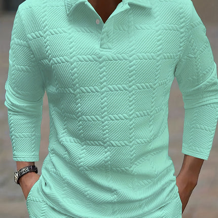 Mens Solid-Color Lapel Front-Button Long-Sleeve Polo Shirt