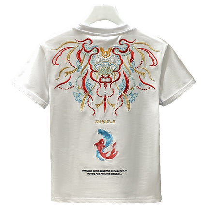 Men's Cotton Crew-Neck Versatile Ethnic-Style Embroidered Short-Sleeve T-Shirt