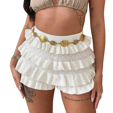 Sexy Solid-Colored High-Waisted Knitted Multi-Layer Ruffle-Trimmed Shorts