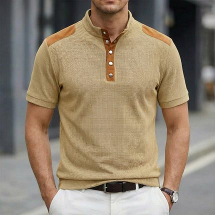 Casual Breathable Buttoned Stand Collar Color-Block Short-Sleeve Mens T-Shirt