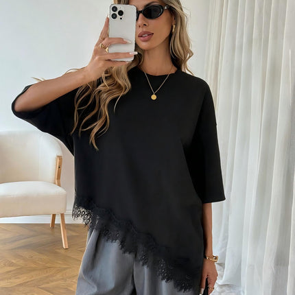 Elegant Womens Short-sleeve Dress With A Slanted Hem And Lace Paneling