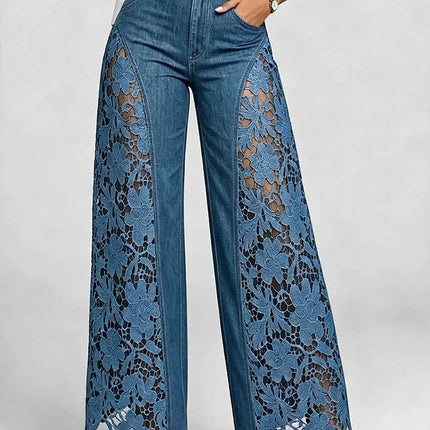 High-waisted Wide-leg Pants Womens Lace-panelled Jeans