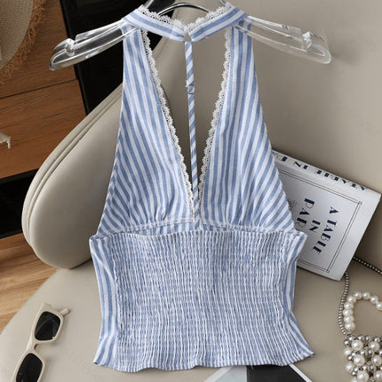 Women's Summer New Fashion Elegant Striped Backless Lace Patchwork Camisole Suitable For Going Out And Dating
