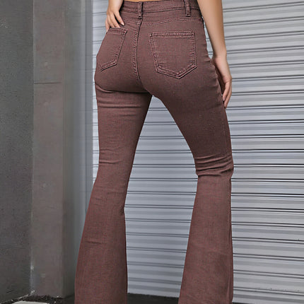 Women's Brown High Rise Flare Jeans, Washed Stretchy Bell Bottom Denim Pants