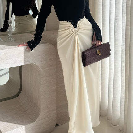 Elegant Sheath Dress With Color-blocking And Pearl Embellishments