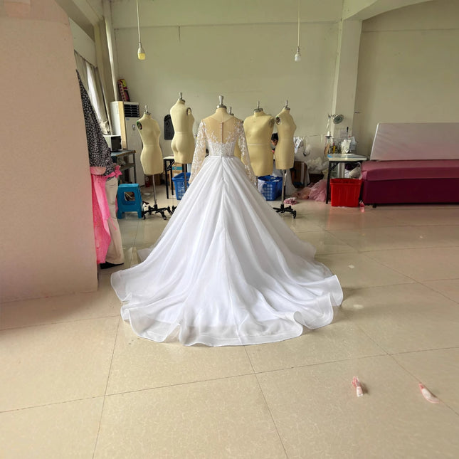 Embroidered Long Sleeve Off-the-shoulder Wedding Dress