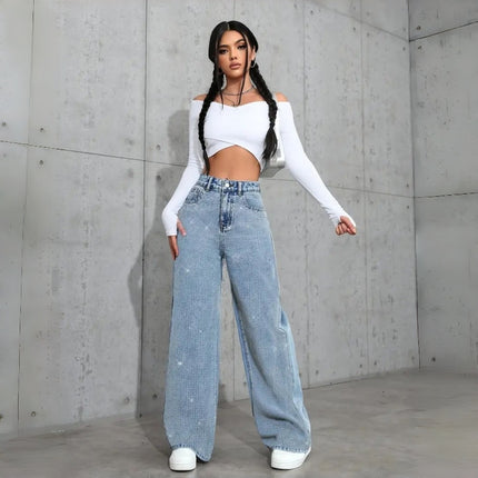 Women's Loose Mid-Waist Stretch Straight Jeans With Rhinestones