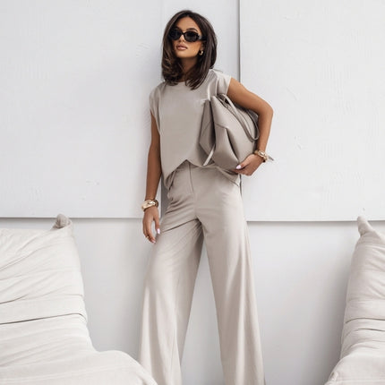 2026 NEW Women  2 Piece Casual Set Short Sleeve T-Shirt Vest Loose Wide Leg Pants Seasonal Comfort