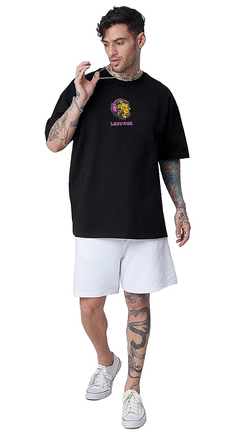 LEOTUDE Men's Cotton Blend Half Sleeve Dragon Printed Oversized Regular Fit T-Shirts