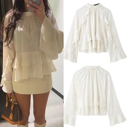 Women's Autumn Satin Top With Ruffle Sleeves