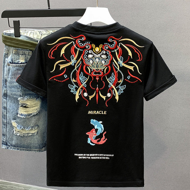 Men's Cotton Crew-Neck Versatile Ethnic-Style Embroidered Short-Sleeve T-Shirt