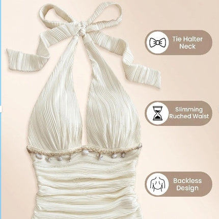 Women's Summer Fashion Beach Vacation Starfish Shell Ribbon Decorative Knitted Texture Fabric Halter Neck Strap Top