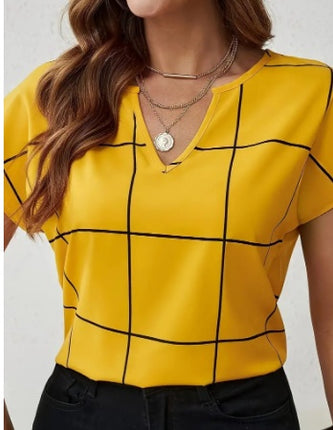 Trendy Plaid Print Short Sleeve Blouse – Notched Neck Casual Top
