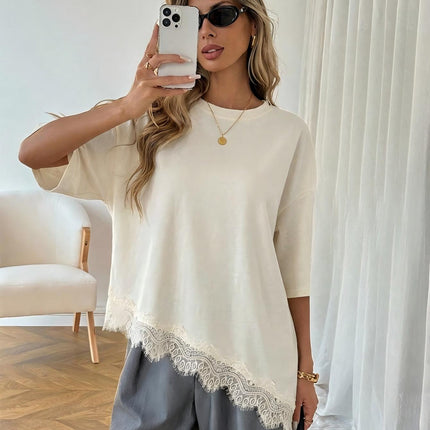 Elegant Womens Short-sleeve Dress With A Slanted Hem And Lace Paneling
