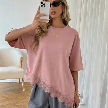 Elegant Womens Short-sleeve Dress With A Slanted Hem And Lace Paneling