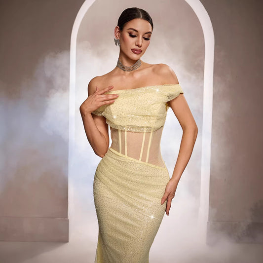 Sleeveless Off-the-shoulder Sequined Mermaid Evening Gown