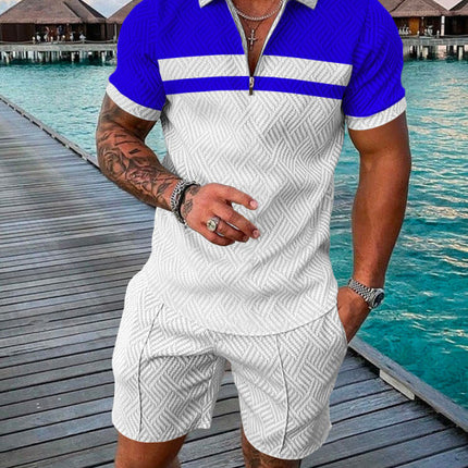 Men's Summer Fashion 3D Printed Short Sleeve Geometric Zip Lapel Shirt Set