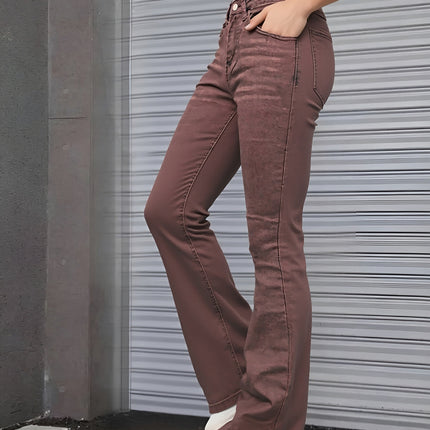 Women's Brown High Rise Flare Jeans, Washed Stretchy Bell Bottom Denim Pants