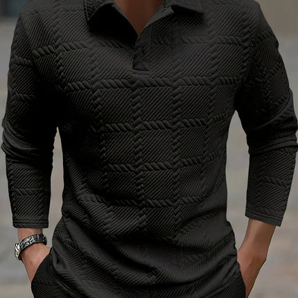 Mens Solid-Color Lapel Front-Button Long-Sleeve Polo Shirt