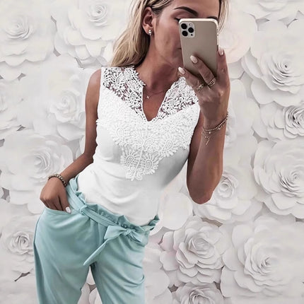 V-Neck Lace-trimmed Patchwork Sleeveless Pullover T-Shirt For Women