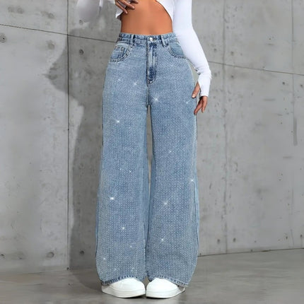 Women's Loose Mid-Waist Stretch Straight Jeans With Rhinestones