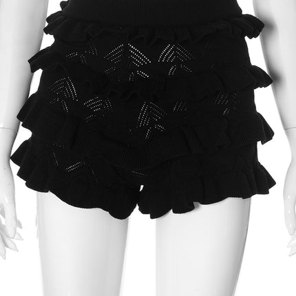 Sexy Solid-Colored High-Waisted Knitted Multi-Layer Ruffle-Trimmed Shorts
