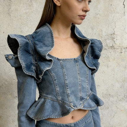 Long-sleeved Cropped Denim Jacket With Ruffled Hem