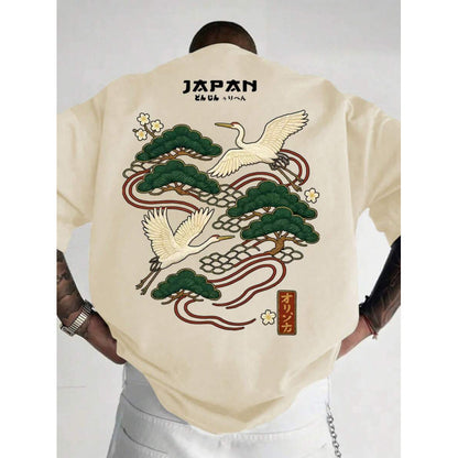 Men's Casual Versatile Simple Japanese Crane Print Top