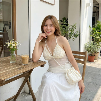 Women's New Summer 3D Floral Hollow Sexy Halter Neck Top Suitable For Summer Vacation Beach Getaway
