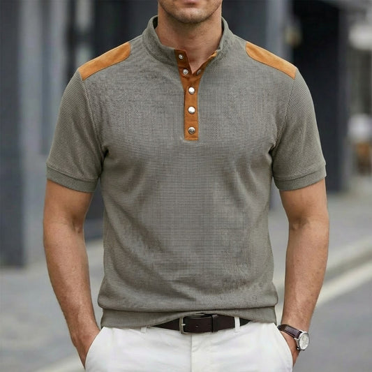 Casual Breathable Buttoned Stand Collar Color-Block Short-Sleeve Mens T-Shirt