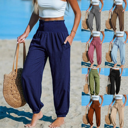 Women's Solid-Color Loose Beach Casual Ankle-Tied Pants