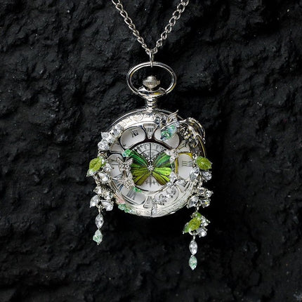 Couples Teal And Green Butterfly Animated Pocket Watch For Graduation Season